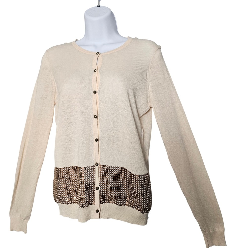 Ann Taylor LOFT‎ Linen Cotton Gold Sequined Cardigan Sweater MP Beige Classic
